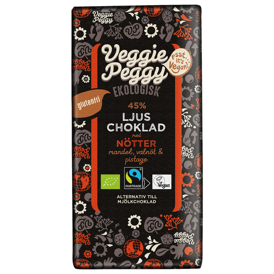 Veggie Peggy Ekologisk Ljus Choklad med Nötter, 85 g