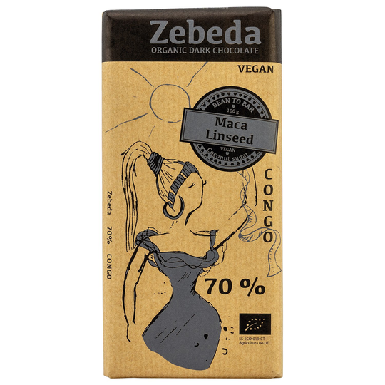 Zebeda Chocolate Ekologisk Mörk Choklad 70% med Maca & Linfrö, 100 g